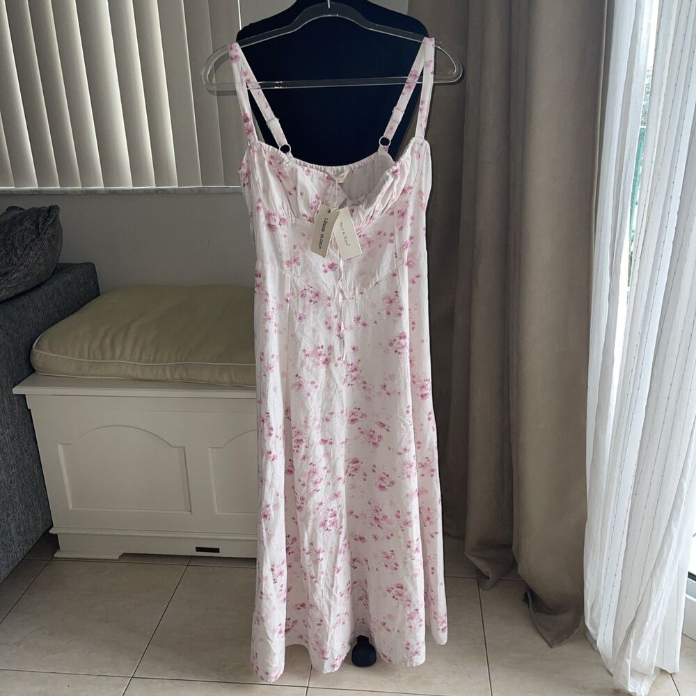 Sim Sam Babydoll Dress Pink Floral Milkmaid Coquette Linen Fairy Cottagecore L - Picture 5 of 9